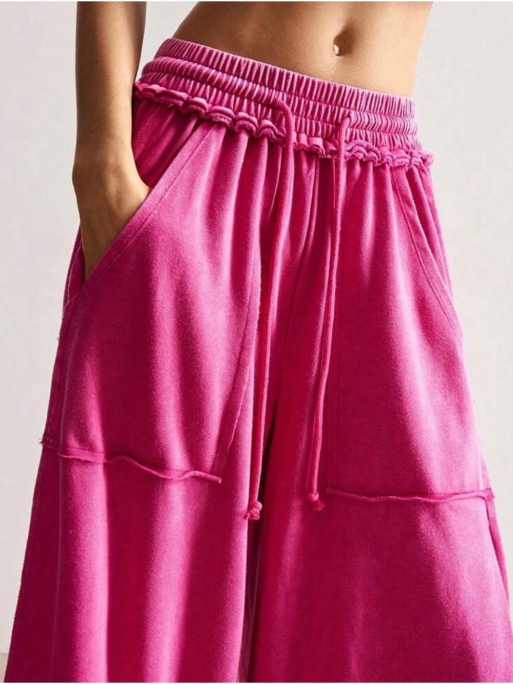 Boho Wide-Leg Pink Drawstring Lounge Pants